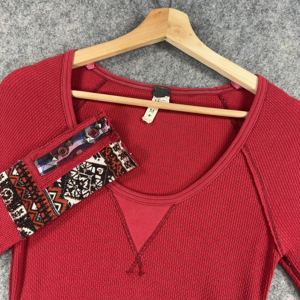 We The Free Shirt Womens Medium Red Thermal Fair Isle Cuff Studded Tunic Top
